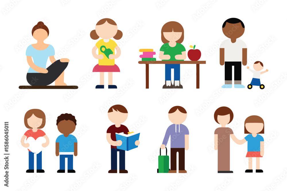 Happy people icon set: This vibrant illustration showcases a collection of stylized individuals engaged in a variety of activities, each expressing a unique expression of happiness, connection. Happy people icon set: This vibrant illustration showcases a collection of stylized individuals engaged in a variety of activities, each expressing a unique expression of happiness, connection.
