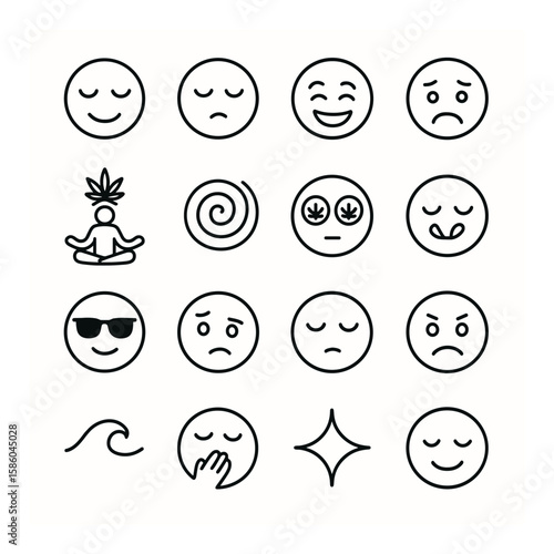 Emotions and cannabis use line icons. relaxed face, sleepy face, laughing face, anxious face, meditating person, euphoria swirl, spaced-out eyes