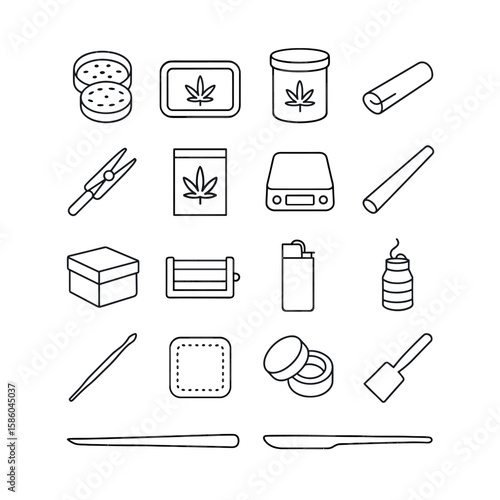 Cannabis-related accessories line icons. grinder, rolling tray, stash jar, filter tip, roach clip, smell-proof bag, scale, cone tube, storage