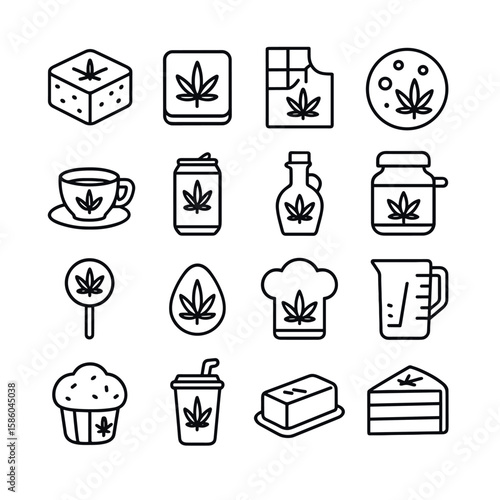 Cannabis in food and drink line icons. brownie, gummy, chocolate bar, cookie, tea cup, soda can, oil bottle, infused honey, lollipop, candy drop