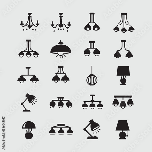 Collection of various black chandelier and lamp icons on a light gray background