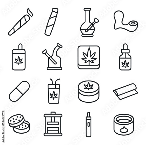 Cannabis consumption methods line icons. joint, blunt, bong, pipe, vaporizer, dab rig, edible, tincture, capsule, infused drink, topical cream