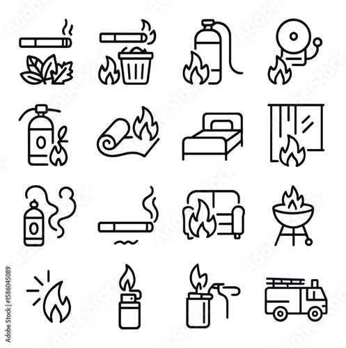 Fire hazards caused by smoking line icons. burning cigarette, dry leaves, trash bin, gas leak, fire alarm, extinguisher, carpet, bed, curtain