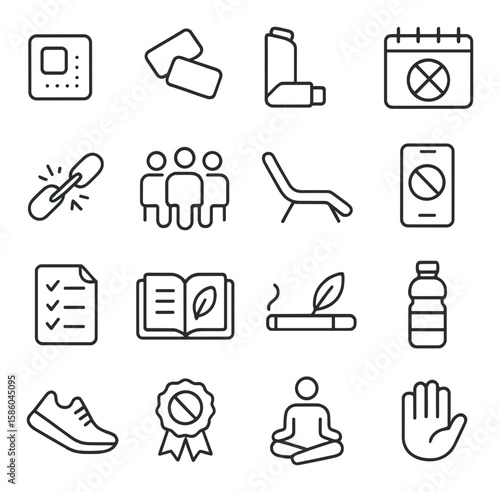 Anti-smoking tools and support line icons. nicotine patch, gum, inhaler, quit calendar, broken chain, support group, therapy chair, mobile app
