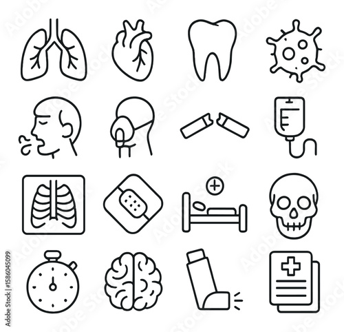 Smoking-related health risks line icons. lung, heart, tooth, cancer cell, coughing face, oxygen mask, broken cigarette, IV drip, x-ray, bandage