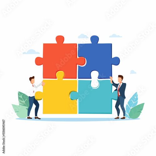Vector art of business people connecting giant puzzle pieces, teamwork and cooperation symb