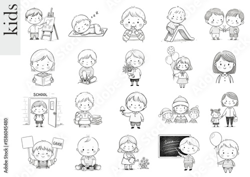 Cute children doodles collection with various activities and emotions
