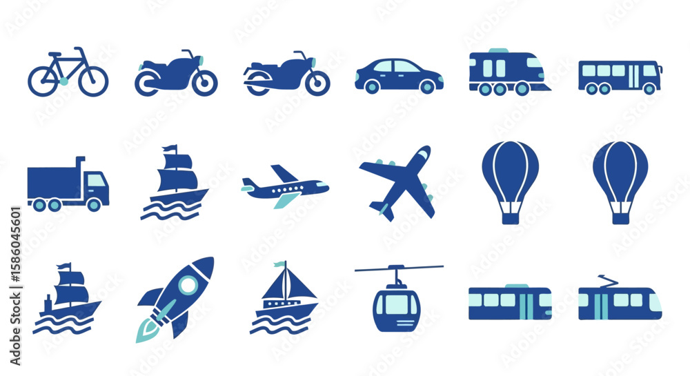 Fototapeta premium A Grid of Simple, Flat, Stylized Icons Depicting Various Modes of Transportation