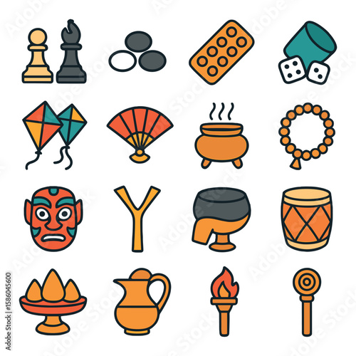 Traditional Game & Ritual Icons modern flat style . chess pieces, go stones, mancala board, dice cup, kites, hand fan, incense burner, prayer beads, ceremonial mask