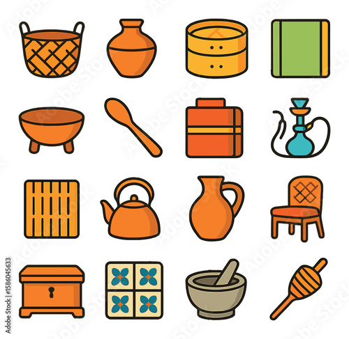 Traditional Homeware Icons modern flat style . woven basket, clay pot, bamboo steamer, tatami mat, kava bowl, wooden spoon, lacquerware box, huqqa pipe, reed mat, copper