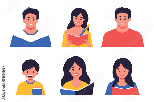 Diverse Group Reading: A collection of six individuals, each with distinct appearances, engaging with the written word, showcasing the joy and knowledge of reading.