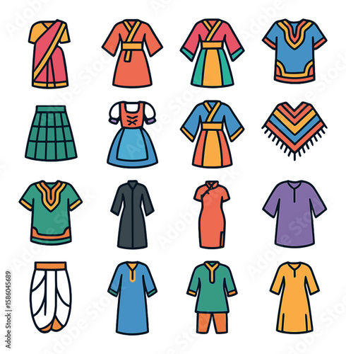 Traditional Clothing Icons modern flat style . sari, kimono, hanbok, dashiki, kilt, dirndl, hanfu, poncho, dashiki, abaya, cheongsam, boubou, dhoti, caftan, kaftan
