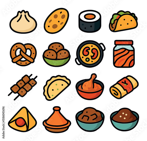 Traditional Food Icons modern flat style . dumpling, naan bread, sushi roll, taco, pretzel, falafel, paella, kimchi jar, satay skewer, pierogi, curry bowl, enchilada
