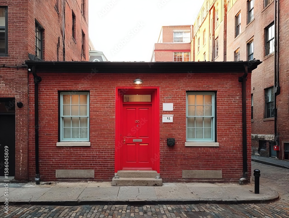 Naklejka premium Charming red-bricked building with a vibrant red door in a city.