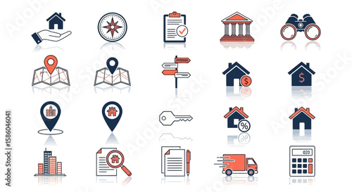 A Set of 15 Real Estate and Property Management Icons with Reflections