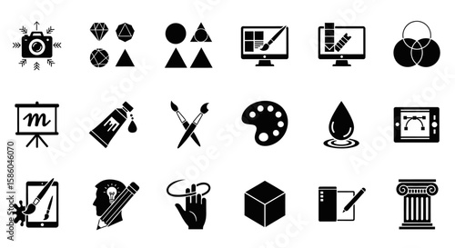 A Set of 16 Black and White Icons Representing Photography, Graphic Design, and Art Concepts