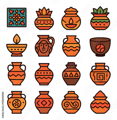 Clay Pot Cultural Elements modern flat style . folk art pattern, rangoli pot, Diwali water pot, Navratri herb pot, Kerala earthen lamp, Mayan clay jug, Mediterranean pot