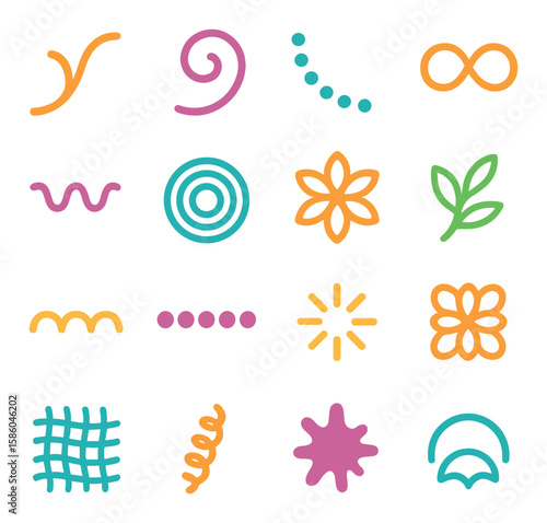Decorative Toran Abstract Lines modern flat style . curved vine, spiral tendril, dot chain, ripple loop, wave edge, concentric arc, petal swirl, leaf line, scallop arc