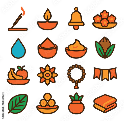 Decorative Toran Ritual Accessories modern flat style . incense stick, diya lamp, bell, flower tray, water droplet, kumkum container, turmeric paste, coconut, fruit