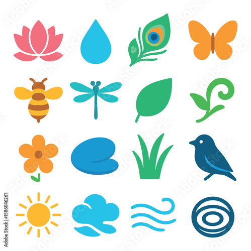 Peacock Feather Nature Pairing modern flat style . lotus flower, drop of water, dewdrop bead, butterfly, bee, dragonfly, leaf silhouette, vine curl, small flower, pebble