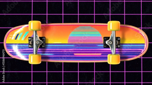 Retro skateboard with vibrant sunset graphic on a grid background