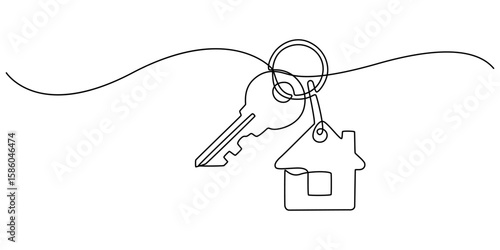 Continuous one line art drawing symbol of house keys, Simple key house outline drawing illustration. one continuous line drawing of Key house, A keychain house, Minimalistic icon, Real Estate Line.