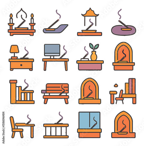 Incense Stick Settings modern flat style . altar shelf, yoga mat corner, temple shelf, meditation cushion, bedside table, office desk, spa tray, living room cabinet