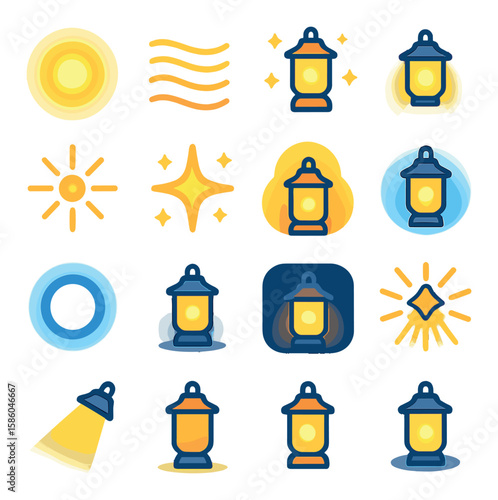 Lantern Lighting Effects modern flat style . glow aura, flicker line, sparkle dots, light beam, shine flare, twinkle effect, warm haze, cool glow, pulse ring, shimmer