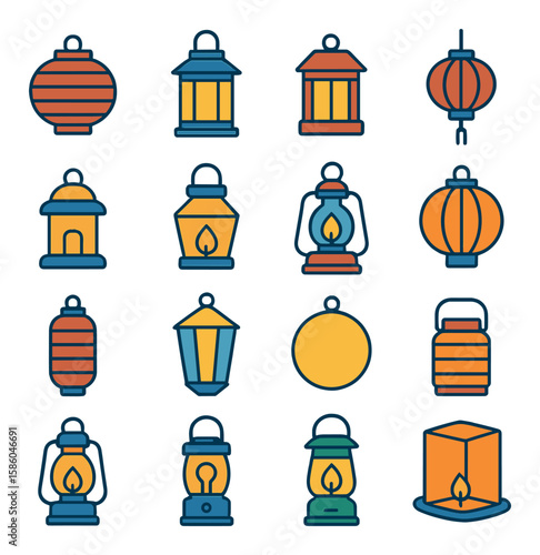Lantern Varieties modern flat style . paper lantern, metal lantern, wooden lantern, hanging lantern, tabletop lantern, solar lantern, oil lantern, festival lantern