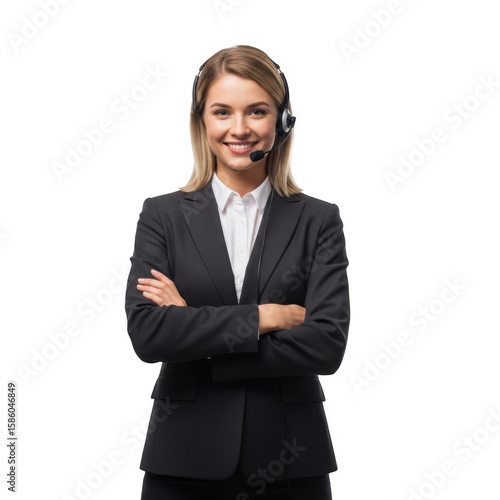 Smiling woman with headset and arms crossed isolated on transparent background