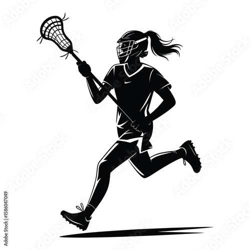 Silhouette of a female lacrosse player running mid-stride with stick raised, minimalist black and white vector illustration