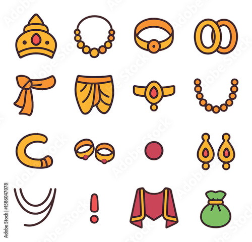 Ganesh Attire & Adornments modern flat style . crown, necklace, anklet, bracelets, silk sash, dhoti folds, waist belt ornament, garland chain, armlets, toe rings, bindi