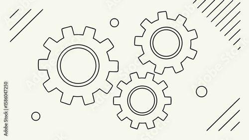 Three interlocking gears in a stylized line art illustration on a light background