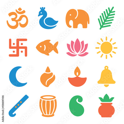 Rangoli Symbolic Motifs modern flat style . Om symbol, peacock motif, elephant shape, coconut leaf, swastika, fish outline, lotus petal, sun icon, moon crescent, conch