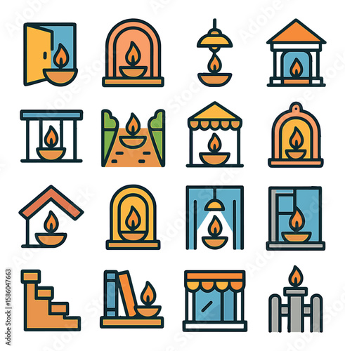 Diya in Context modern flat style . flap doorlight, altar niche diya, porch diya, temple entrance, balcony rail, garden path, festival stall, decorative archlight, roof