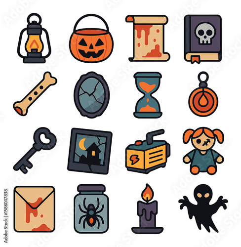Scary Costume Props modern flat style . haunted lantern, jack-o’-lantern bucket, blood-splattered scroll, horror book, bone flute, cursed mirror, broken hourglass