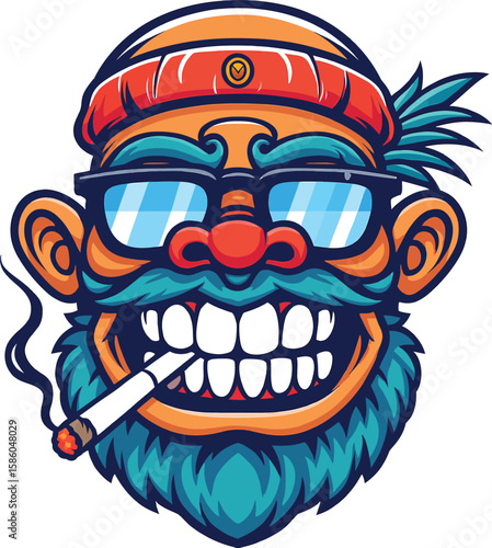 Cartoon character with blue beard and orange beanie smoking a cigarette