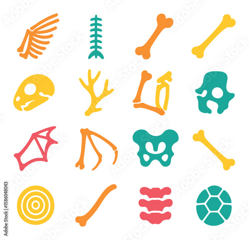 Animal Bones modern flat style . bird wing bone, fish spine, dog leg bone, cat rib, snake vertebra, deer antler, frog limb bone, horse hoof bone, rabbit skull, bat wing