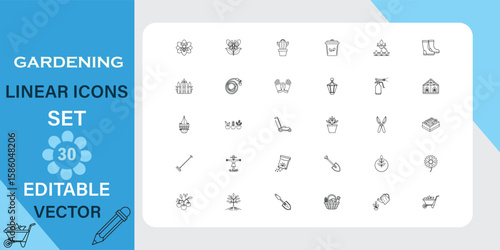 Collection of Vector Linear Icons for Gardening and Outdoor Activities