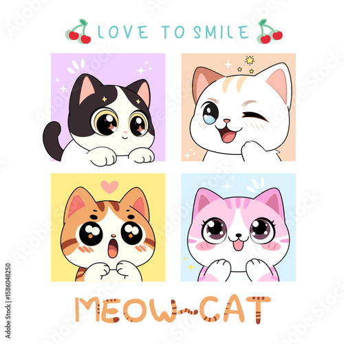 Colorful vector illustration featuring four adorable cartoon cat faces in kawaii style. Perfect for children’s clothing, stickers, notebooks, phone cases, and print products.
