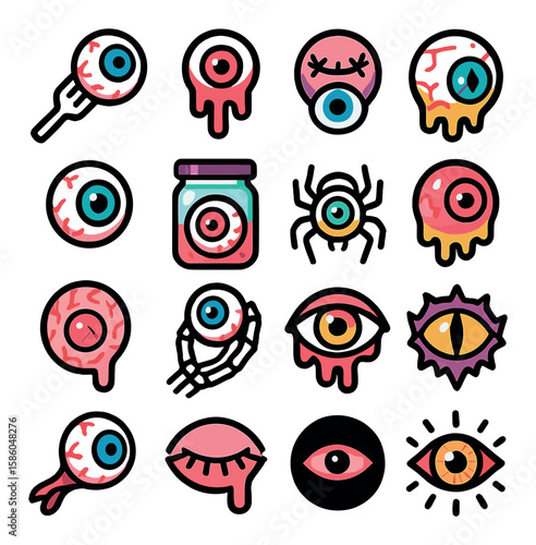 Eyeball Horror modern flat style . eyeball on fork, dripping eyeball, stitched socket, cracked eye, floating eyeball, eyeball in jar, spider-eye cluster, molten eye