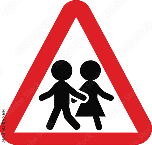 Pedestrian and children crossing warning road sign isolated on white background