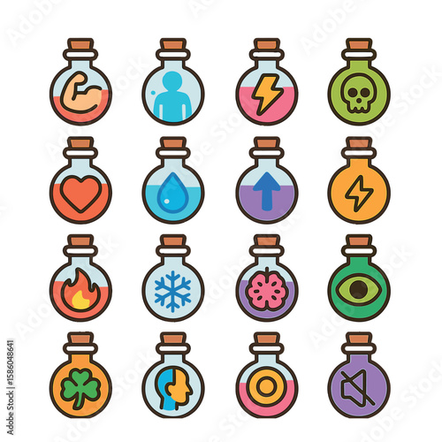 Potion Effects modern flat style . strength boost, invisibility, speed increase, poison, healing, mana regen, levitation, paralysis, fire breath, frost skin, mind control