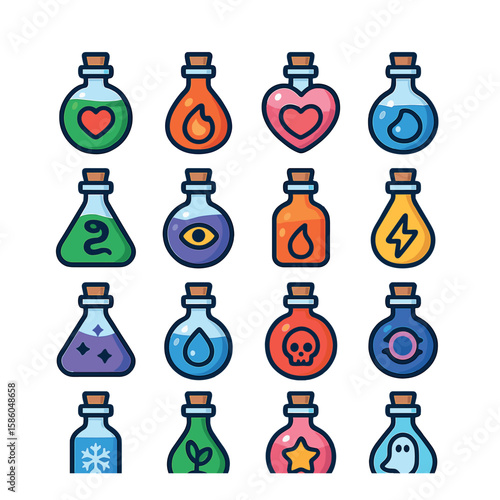 Fantasy Potions modern flat style . healing brew, berserker tonic, love potion, sleep draught, anti-venom, clairvoyance serum, fire shield drink, thunder tonic, illusion