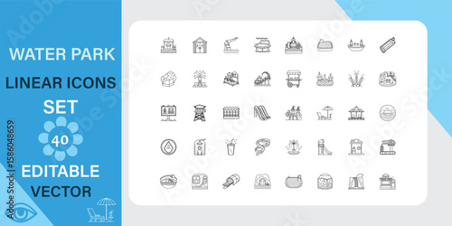 Water Park Linear Icons Set with 40 Editable Vector Graphics for Entertainment and Recreation