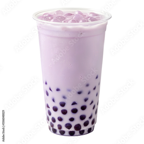 Taro milk tea in a clear cup with tapioca pearls, pastel purple drink color, condensation droplets, studio-lit image. isolated on a transparent background