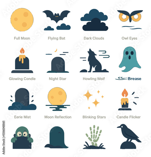 Tombstone Night Scene modern flat style . full moon, flying bat, dark clouds, owl eyes, glowing candle, night star, howling wolf, ghost shadow, silent breeze lines, eerie