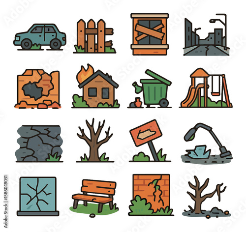 Zombie Environment modern flat style . abandoned car, broken fence, boarded window, empty street, crumbling wall, burnt house, overturned trash, deserted playground