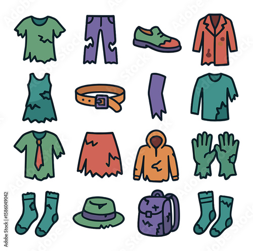 Zombie Clothing modern flat style . tattered shirt, ripped pants, torn shoes, bloodstained coat, shredded dress, broken belt, hanging sleeve, patched clothing, missing