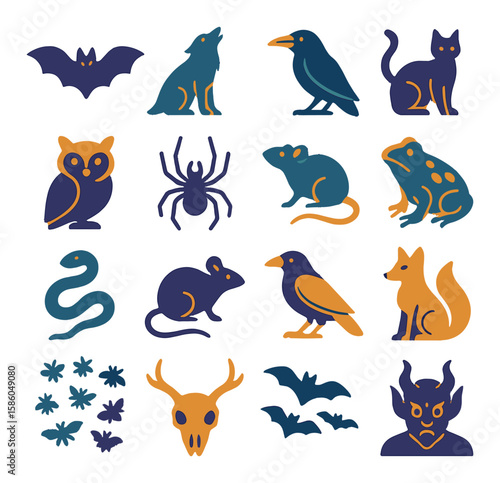 Vampire Wildlife & Myth Creatures modern flat style . bat silhouette, wolf shape, raven, black cat, owl, spider, rat, toad, snake, mouse, crow, fox, insect swarm, deer
